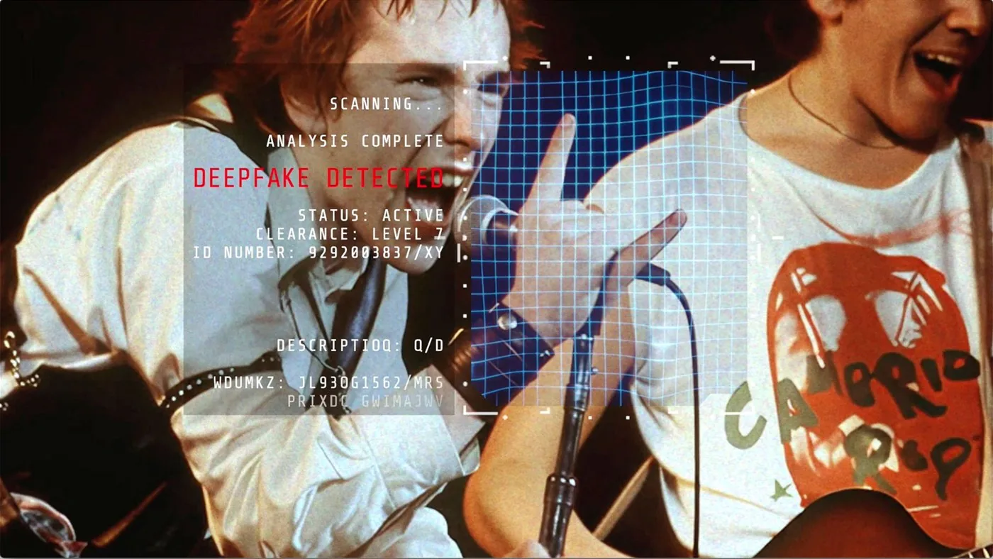 A still from the AI-produced presentation film with a ‘deepfake detected’ scanning overlay
